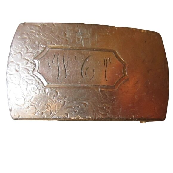 Antique Canvas Webbed 1" Belt Buckle Engraved Vintage MONGRAM Army Military Web - Picture 1 of 4